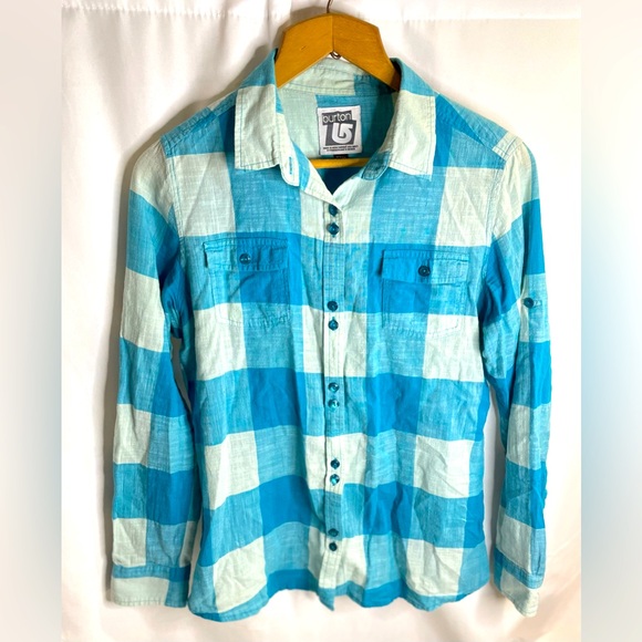 Burton Long Sleeve Plaid Shirt Women’s M Blue Grey Plaid Y2K 90s Grunge Distress - Picture 2 of 14